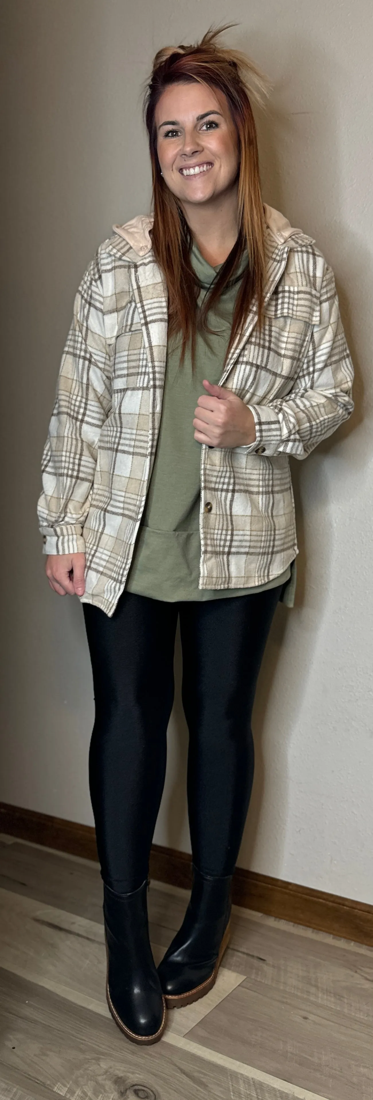 Khaki Plaid Button Up Hooded Shacket