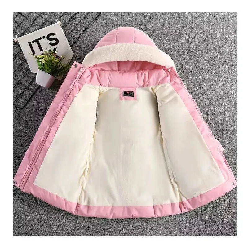Kids Girls Fur Collar Hat Plush Lining Hooded Coats