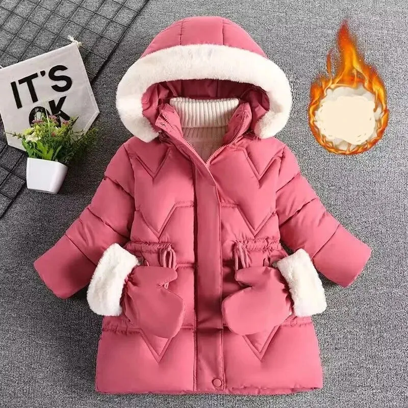 Kids Girls Fur Collar Hat Plush Lining Hooded Coats