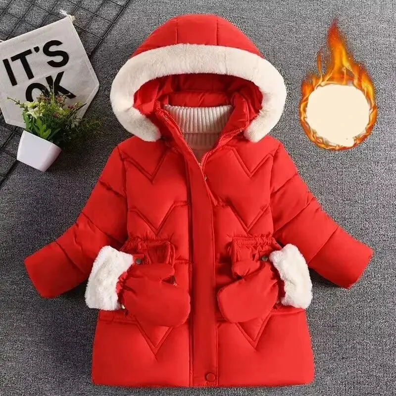 Kids Girls Fur Collar Hat Plush Lining Hooded Coats
