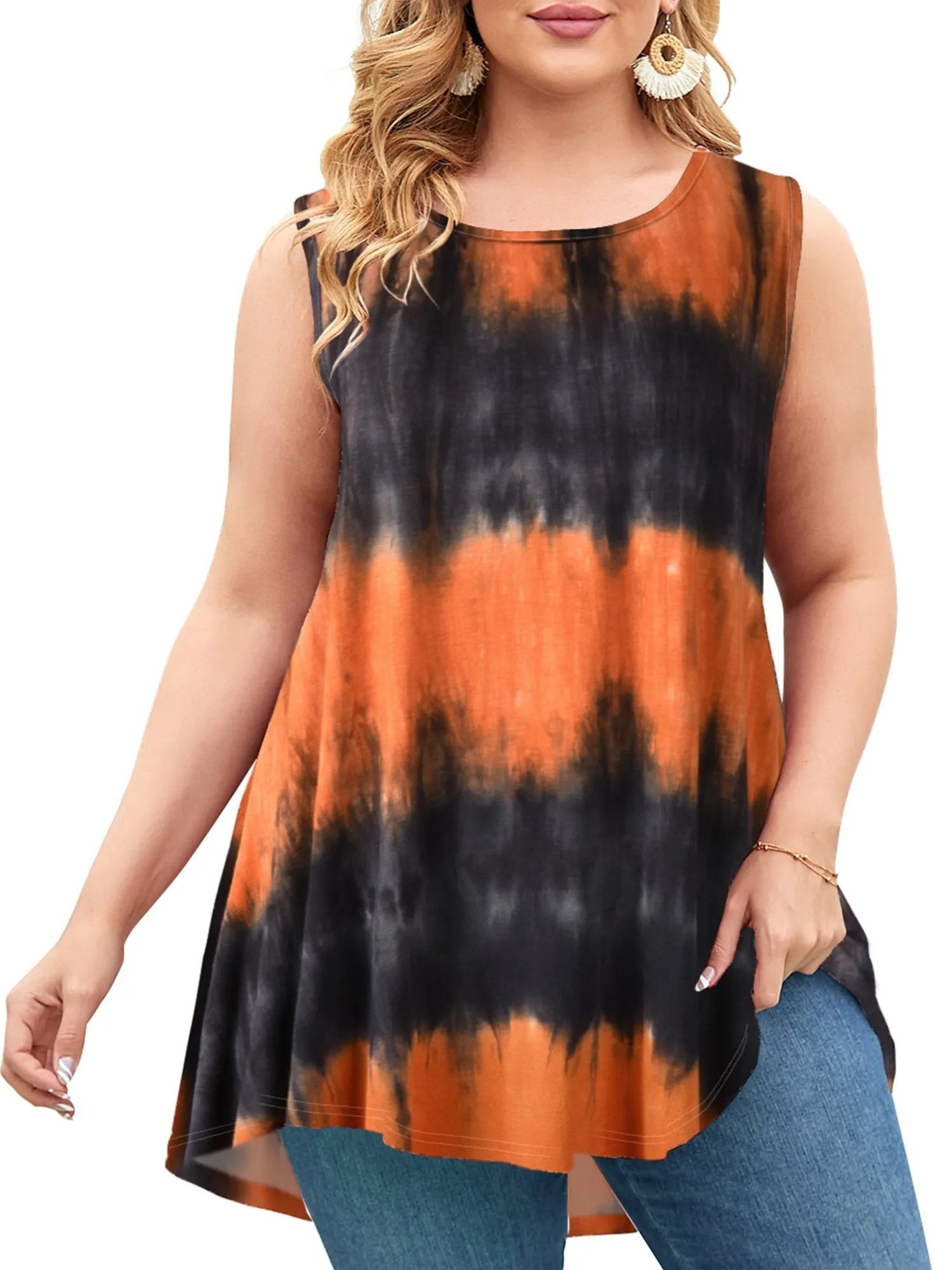 LARACE Plus Size Tank Tops for Women Sleevelss Tunic Casual Summer Clothes Swing Shirts for Jeans(B-Orange 2X)
