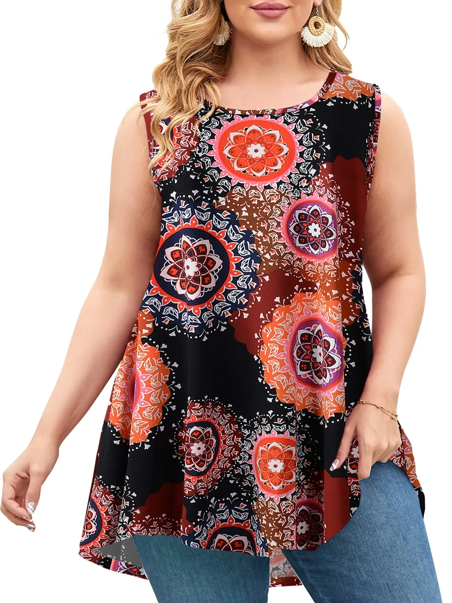 LARACE Plus Size Tank Tops for Women Sleevelss Tunic Casual Summer Clothes Swing Shirts for Jeans(B-Orange 2X)