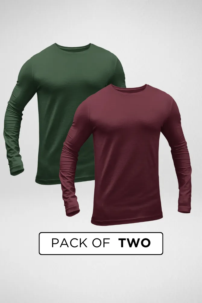 Maroon and Bottle Green Full Sleeve T-Shirts Combo for Men