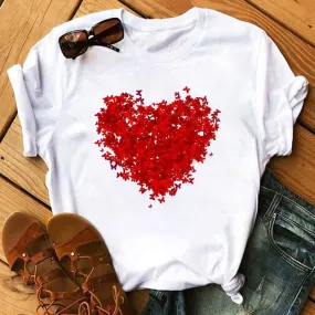 Maycaur Red Heart Butterfly Print Women Tshirt Fashion Casual O Neck Female T Shirt 90s Lady Yong Girl New Valentine's Day Gifts