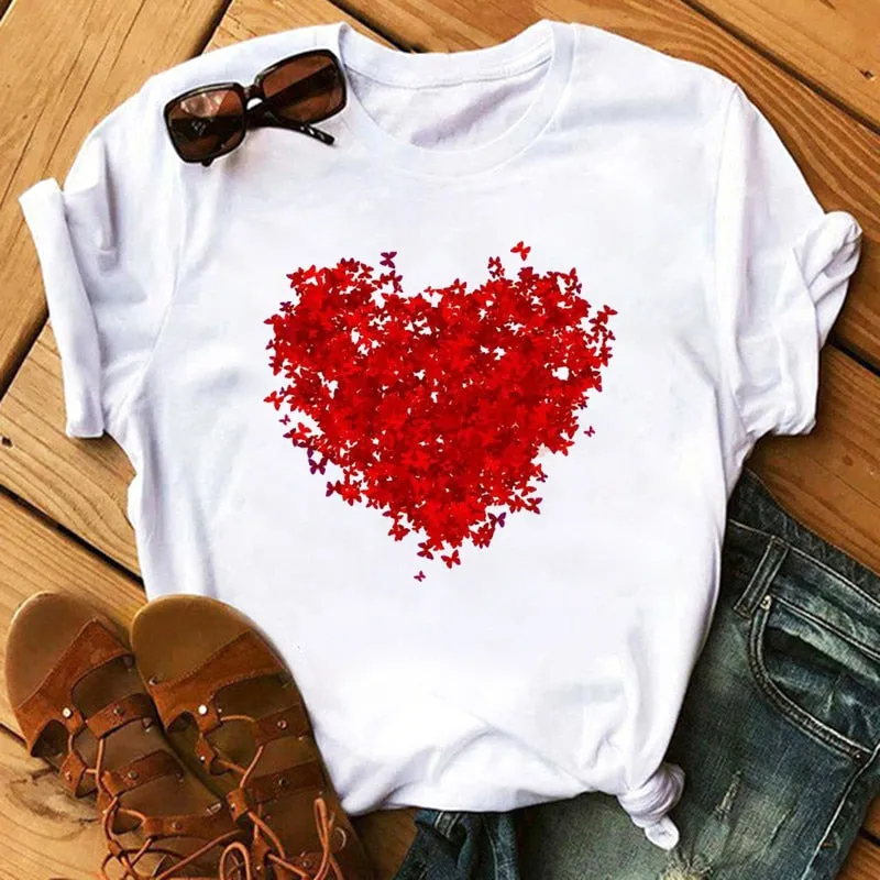 Maycaur Red Heart Butterfly Print Women Tshirt Fashion Casual O Neck Female T Shirt 90s Lady Yong Girl New Valentine's Day Gifts