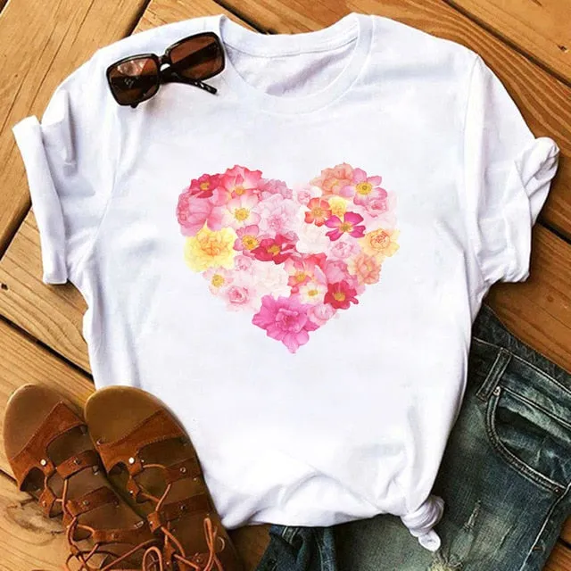 Maycaur Red Heart Butterfly Print Women Tshirt Fashion Casual O Neck Female T Shirt 90s Lady Yong Girl New Valentine's Day Gifts