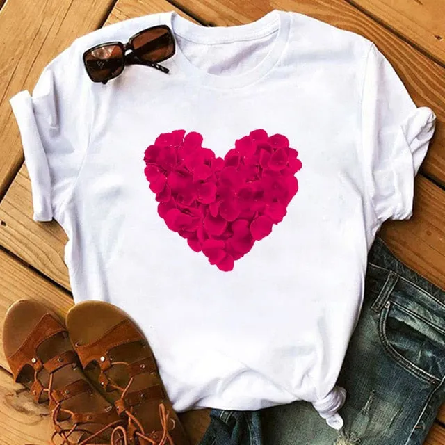 Maycaur Red Heart Butterfly Print Women Tshirt Fashion Casual O Neck Female T Shirt 90s Lady Yong Girl New Valentine's Day Gifts