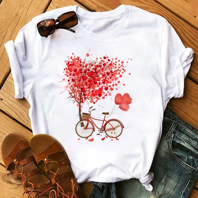 Maycaur Red Heart Butterfly Print Women Tshirt Fashion Casual O Neck Female T Shirt 90s Lady Yong Girl New Valentine's Day Gifts