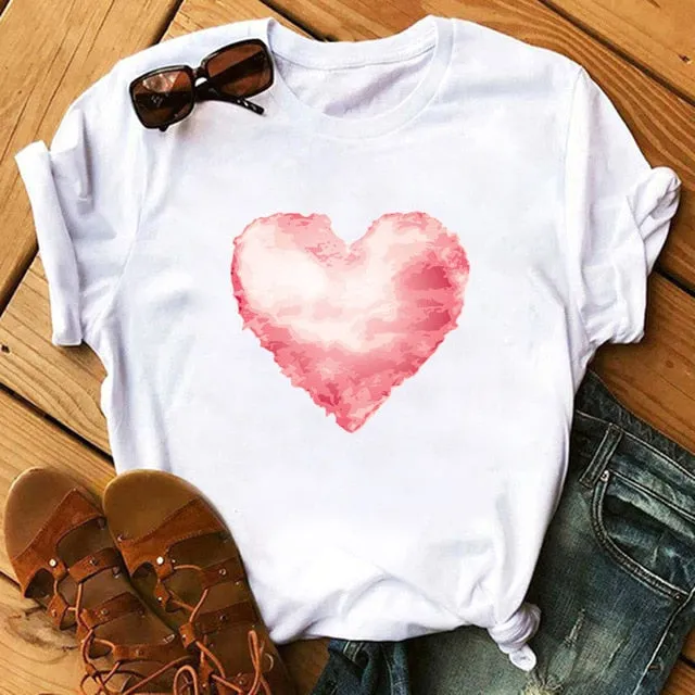 Maycaur Red Heart Butterfly Print Women Tshirt Fashion Casual O Neck Female T Shirt 90s Lady Yong Girl New Valentine's Day Gifts