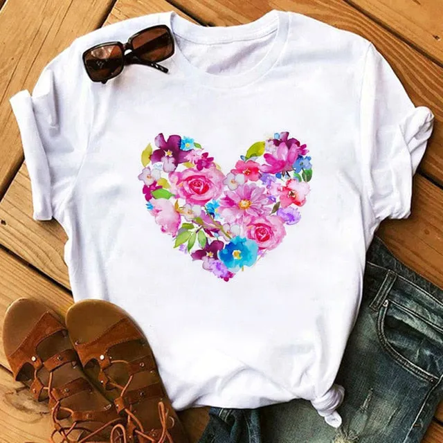 Maycaur Red Heart Butterfly Print Women Tshirt Fashion Casual O Neck Female T Shirt 90s Lady Yong Girl New Valentine's Day Gifts