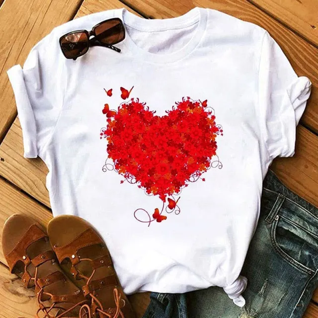 Maycaur Red Heart Butterfly Print Women Tshirt Fashion Casual O Neck Female T Shirt 90s Lady Yong Girl New Valentine's Day Gifts