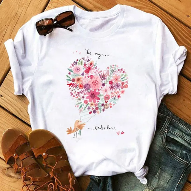 Maycaur Red Heart Butterfly Print Women Tshirt Fashion Casual O Neck Female T Shirt 90s Lady Yong Girl New Valentine's Day Gifts