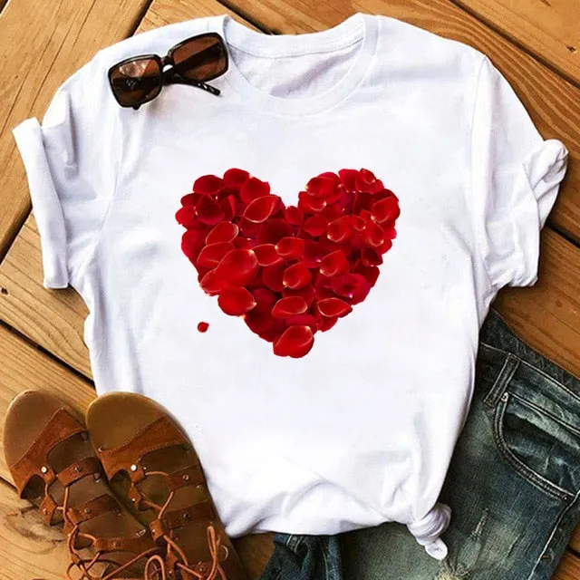 Maycaur Red Heart Butterfly Print Women Tshirt Fashion Casual O Neck Female T Shirt 90s Lady Yong Girl New Valentine's Day Gifts