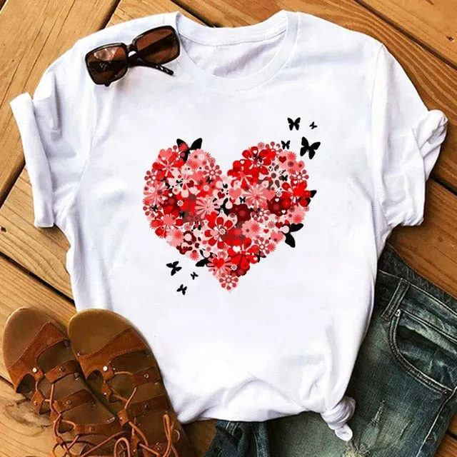 Maycaur Red Heart Butterfly Print Women Tshirt Fashion Casual O Neck Female T Shirt 90s Lady Yong Girl New Valentine's Day Gifts