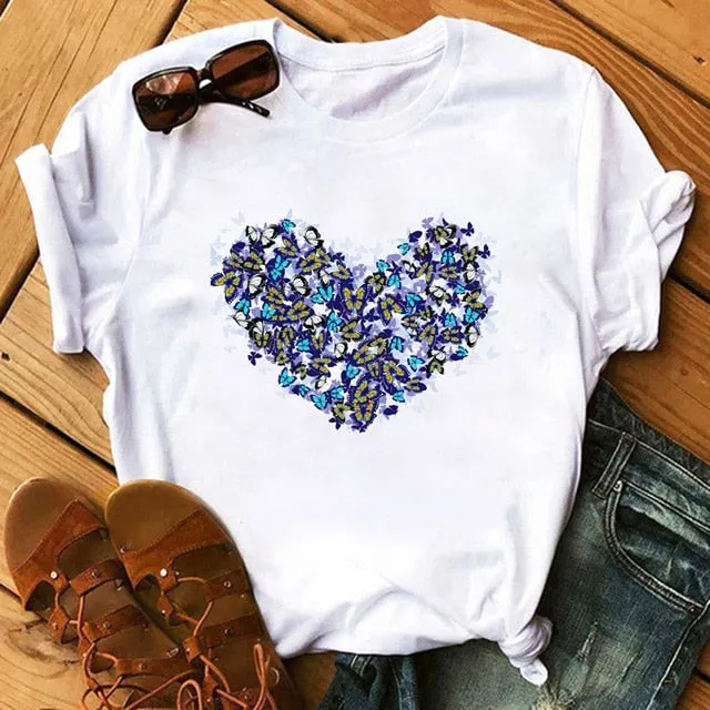 Maycaur Red Heart Butterfly Print Women Tshirt Fashion Casual O Neck Female T Shirt 90s Lady Yong Girl New Valentine's Day Gifts