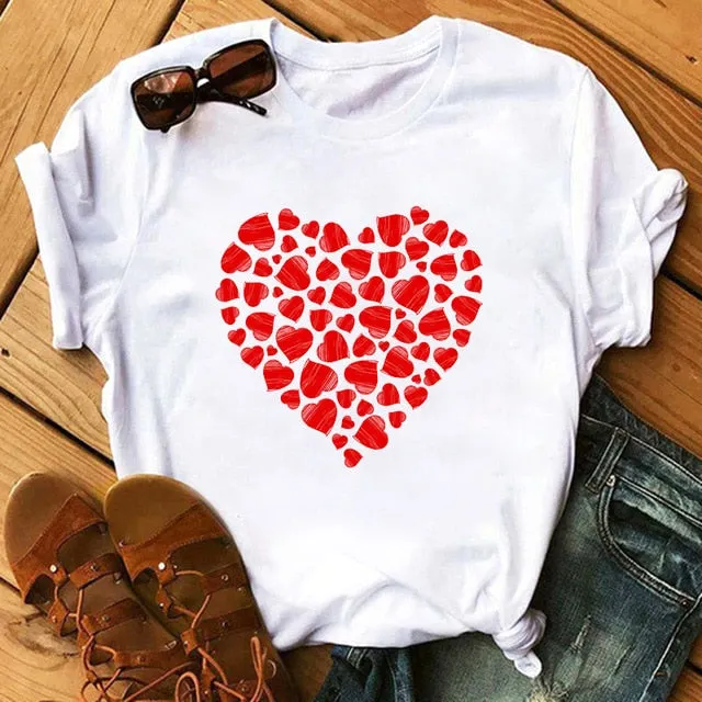 Maycaur Red Heart Butterfly Print Women Tshirt Fashion Casual O Neck Female T Shirt 90s Lady Yong Girl New Valentine's Day Gifts