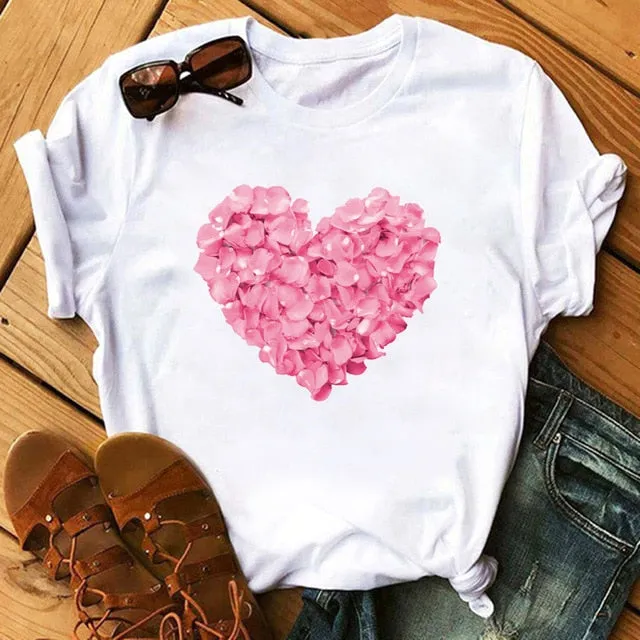 Maycaur Red Heart Butterfly Print Women Tshirt Fashion Casual O Neck Female T Shirt 90s Lady Yong Girl New Valentine's Day Gifts
