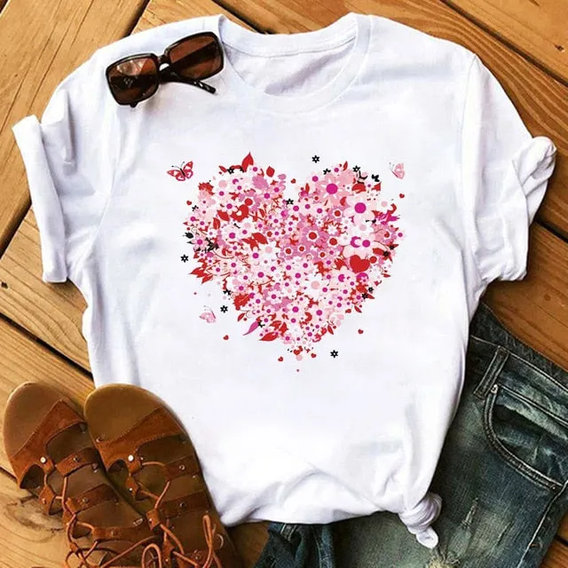 Maycaur Red Heart Butterfly Print Women Tshirt Fashion Casual O Neck Female T Shirt 90s Lady Yong Girl New Valentine's Day Gifts