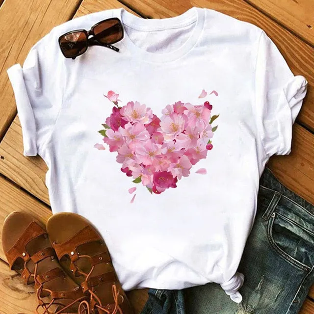 Maycaur Red Heart Butterfly Print Women Tshirt Fashion Casual O Neck Female T Shirt 90s Lady Yong Girl New Valentine's Day Gifts