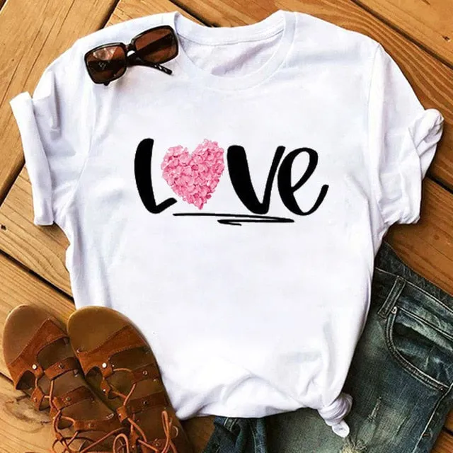 Maycaur Red Heart Butterfly Print Women Tshirt Fashion Casual O Neck Female T Shirt 90s Lady Yong Girl New Valentine's Day Gifts