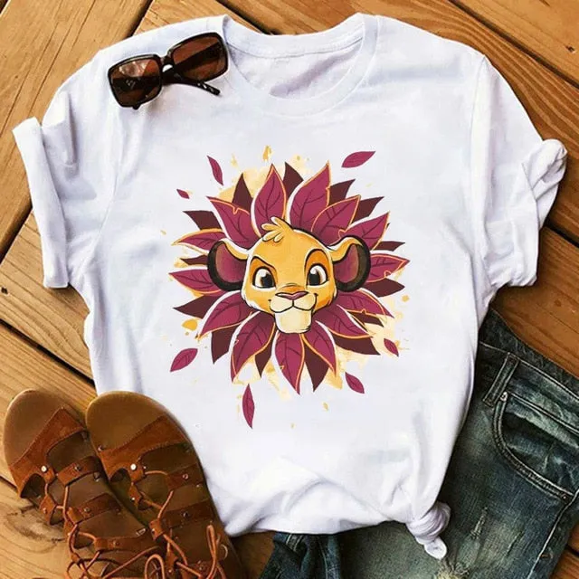 Maycaur T-shirt Women 2020 Summer Fashion Cartoon Lion King Pocket Print Tshirts Harajuku Casual Short Sleeve Tshirt Female Tops