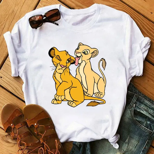 Maycaur T-shirt Women 2020 Summer Fashion Cartoon Lion King Pocket Print Tshirts Harajuku Casual Short Sleeve Tshirt Female Tops
