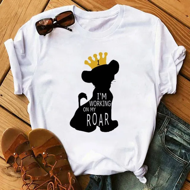Maycaur T-shirt Women 2020 Summer Fashion Cartoon Lion King Pocket Print Tshirts Harajuku Casual Short Sleeve Tshirt Female Tops