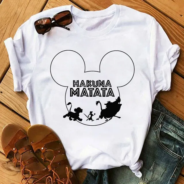Maycaur T-shirt Women 2020 Summer Fashion Cartoon Lion King Pocket Print Tshirts Harajuku Casual Short Sleeve Tshirt Female Tops