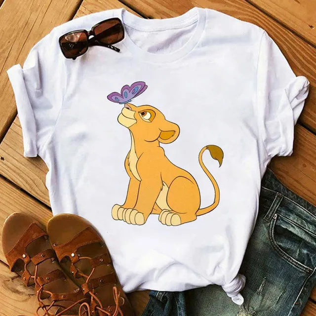 Maycaur T-shirt Women 2020 Summer Fashion Cartoon Lion King Pocket Print Tshirts Harajuku Casual Short Sleeve Tshirt Female Tops