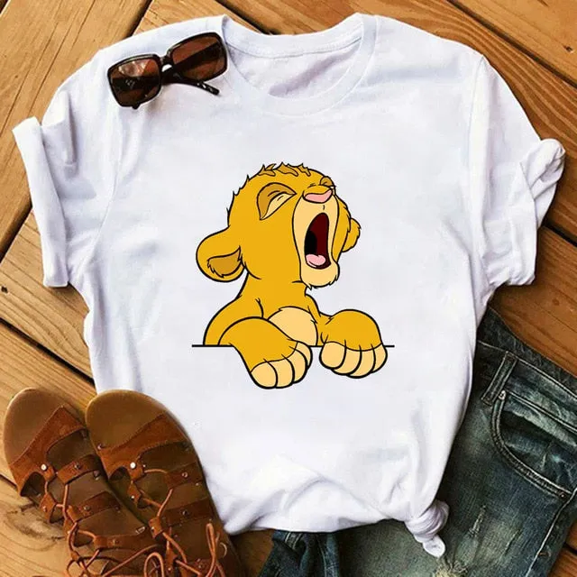 Maycaur T-shirt Women 2020 Summer Fashion Cartoon Lion King Pocket Print Tshirts Harajuku Casual Short Sleeve Tshirt Female Tops