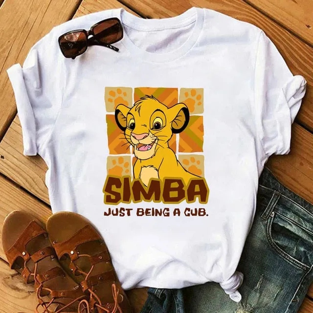Maycaur T-shirt Women 2020 Summer Fashion Cartoon Lion King Pocket Print Tshirts Harajuku Casual Short Sleeve Tshirt Female Tops