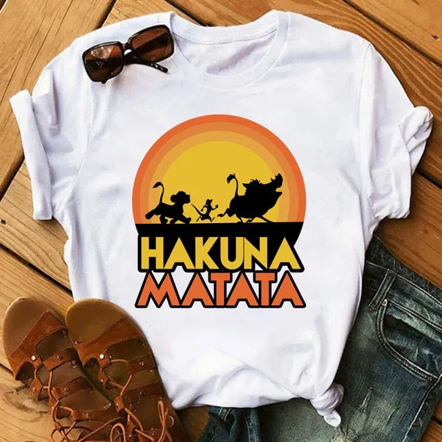 Maycaur T-shirt Women 2020 Summer Fashion Cartoon Lion King Pocket Print Tshirts Harajuku Casual Short Sleeve Tshirt Female Tops