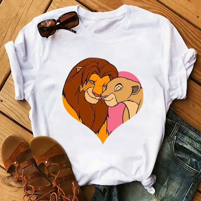 Maycaur T-shirt Women 2020 Summer Fashion Cartoon Lion King Pocket Print Tshirts Harajuku Casual Short Sleeve Tshirt Female Tops