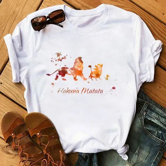 Maycaur T-shirt Women 2020 Summer Fashion Cartoon Lion King Pocket Print Tshirts Harajuku Casual Short Sleeve Tshirt Female Tops