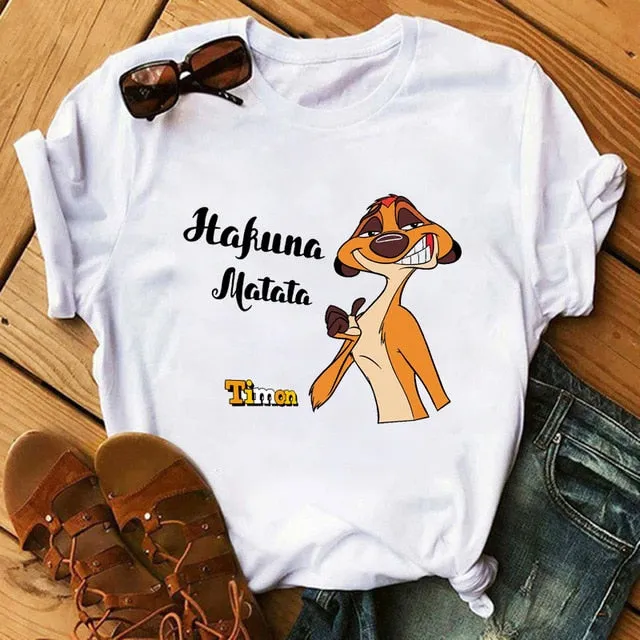 Maycaur T-shirt Women 2020 Summer Fashion Cartoon Lion King Pocket Print Tshirts Harajuku Casual Short Sleeve Tshirt Female Tops