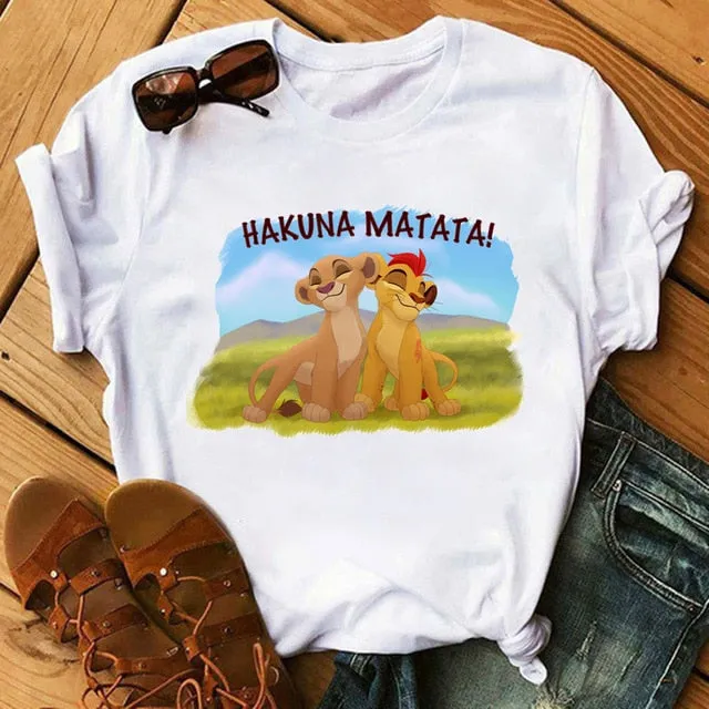 Maycaur T-shirt Women 2020 Summer Fashion Cartoon Lion King Pocket Print Tshirts Harajuku Casual Short Sleeve Tshirt Female Tops
