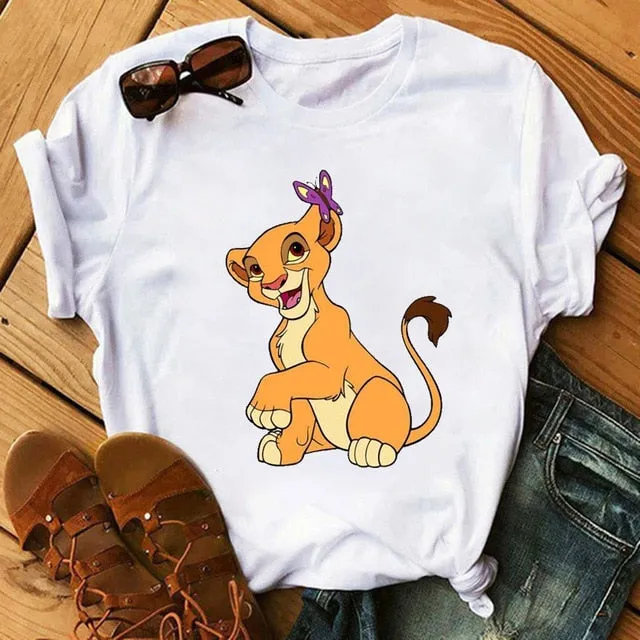 Maycaur T-shirt Women 2020 Summer Fashion Cartoon Lion King Pocket Print Tshirts Harajuku Casual Short Sleeve Tshirt Female Tops
