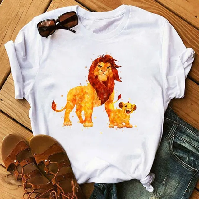 Maycaur T-shirt Women 2020 Summer Fashion Cartoon Lion King Pocket Print Tshirts Harajuku Casual Short Sleeve Tshirt Female Tops
