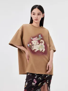MUKZIN Casual Loose Cute Embroidered Versatile Retro Style T-shirt