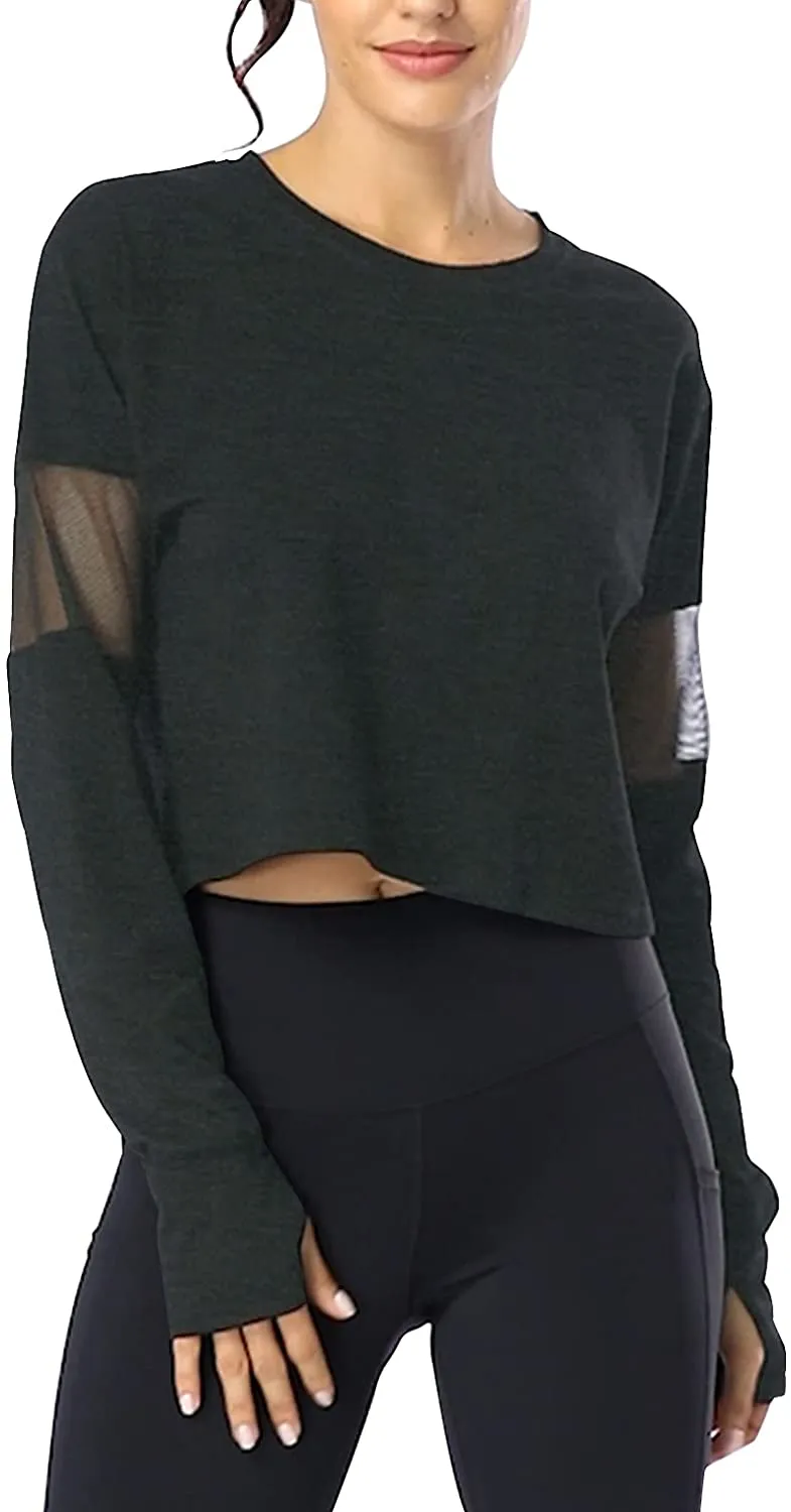 Muzniuer Long Sleeve Crop Tops for Women Workout Yoga Running Tops Mesh Thumb Hole Tops