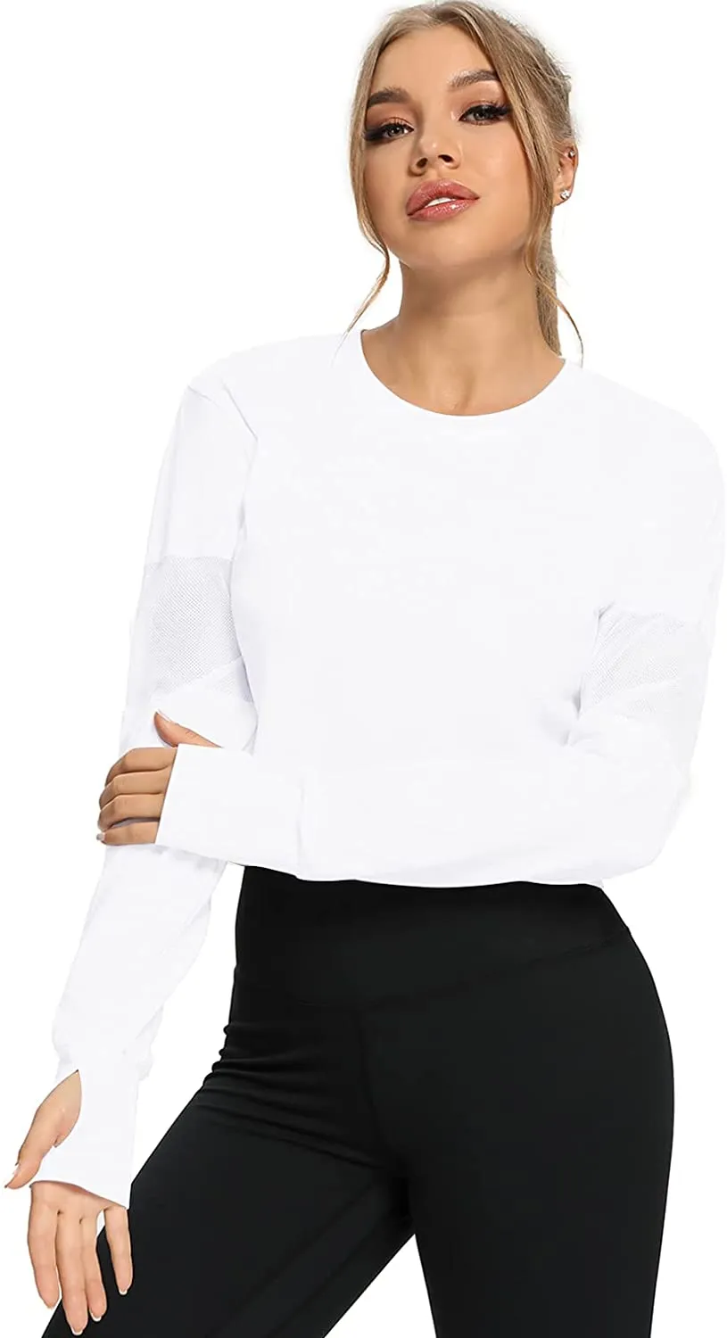 Muzniuer Long Sleeve Crop Tops for Women Workout Yoga Running Tops Mesh Thumb Hole Tops