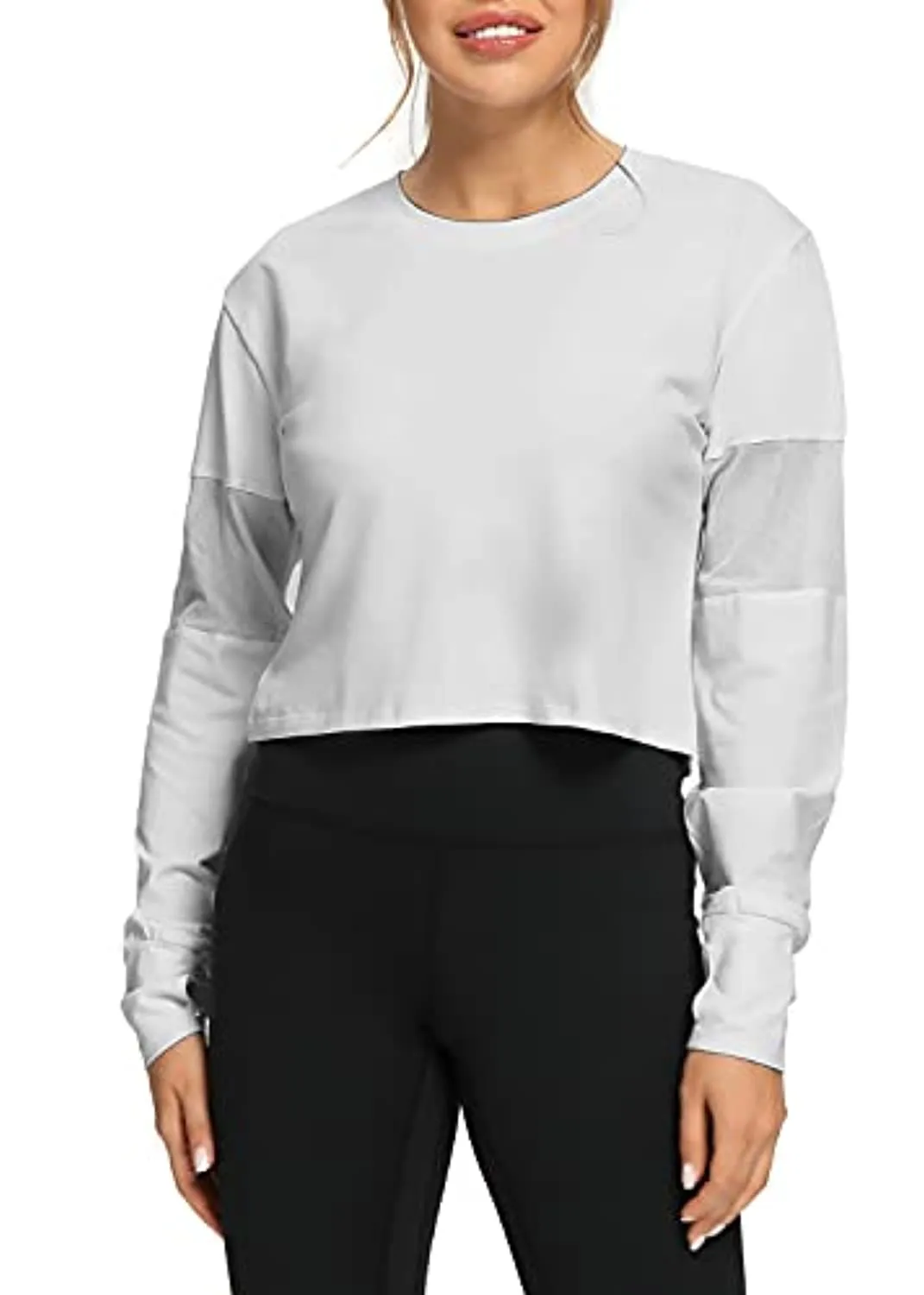 Muzniuer Long Sleeve Crop Tops for Women Workout Yoga Running Tops Mesh Thumb Hole Tops