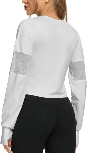 Muzniuer Long Sleeve Crop Tops for Women Workout Yoga Running Tops Mesh Thumb Hole Tops