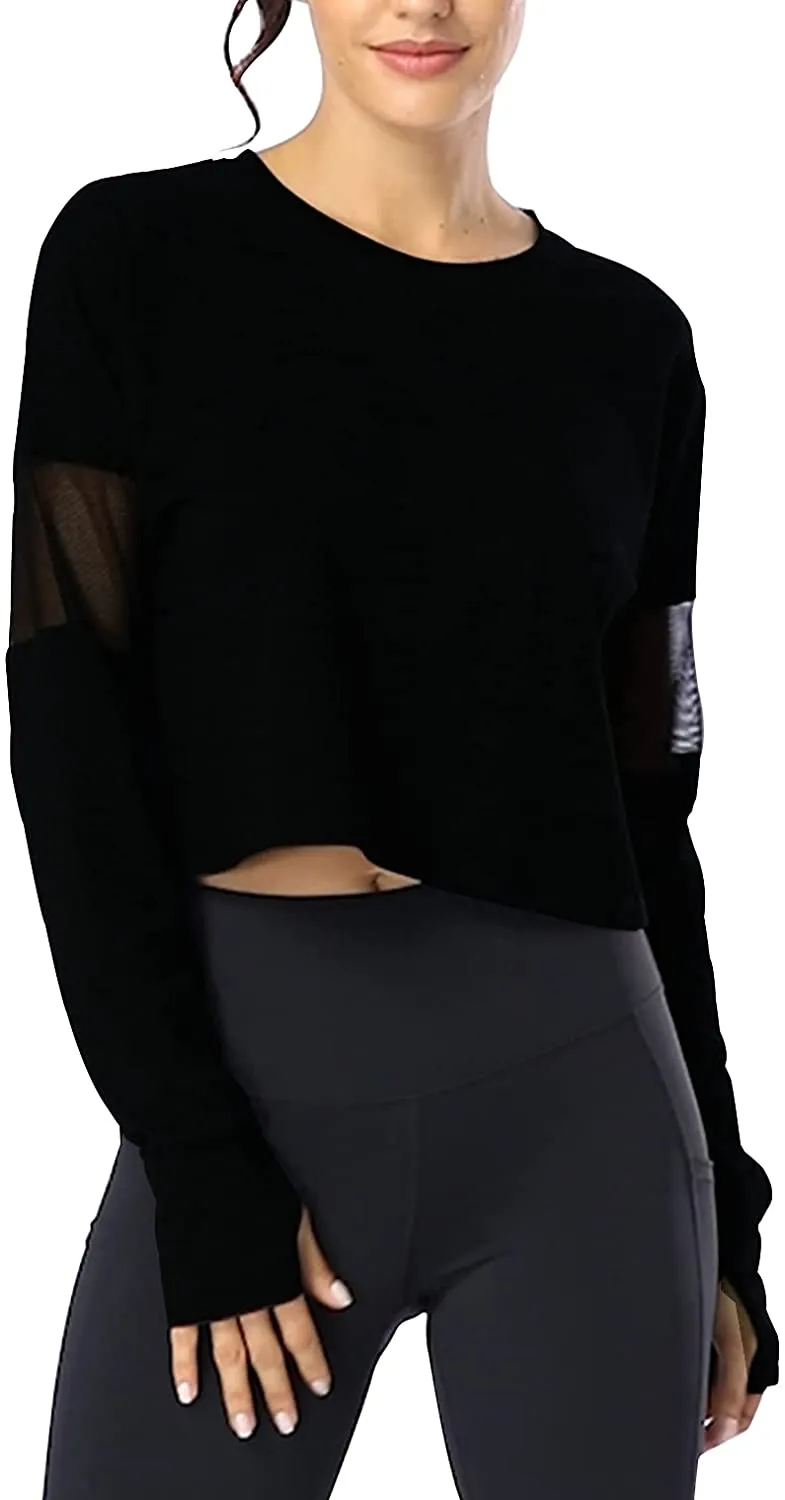 Muzniuer Long Sleeve Crop Tops for Women Workout Yoga Running Tops Mesh Thumb Hole Tops