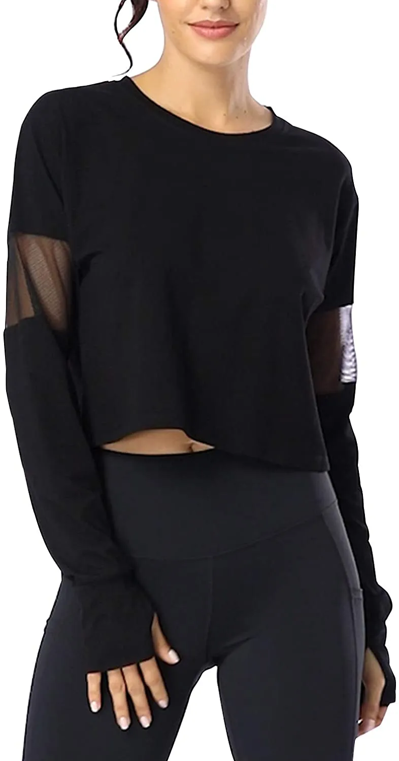 Muzniuer Long Sleeve Crop Tops for Women Workout Yoga Running Tops Mesh Thumb Hole Tops