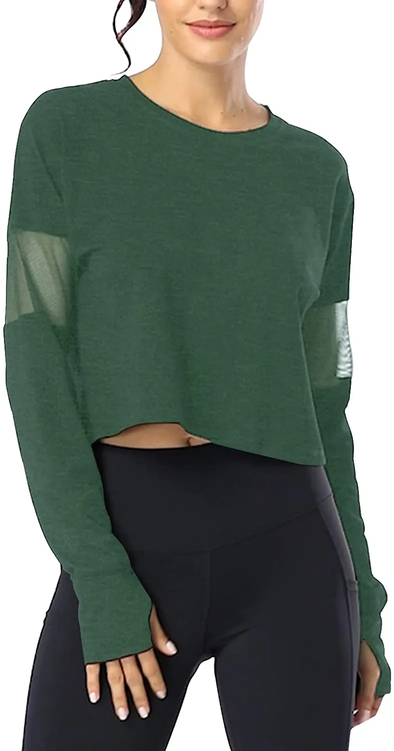 Muzniuer Long Sleeve Crop Tops for Women Workout Yoga Running Tops Mesh Thumb Hole Tops