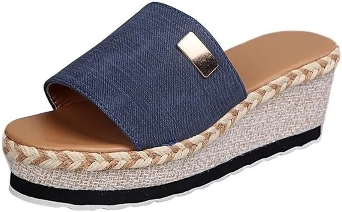 New Women Metal Decor Single Band Design Wedge Sandals, Vacation Baby Blue Sandals Sz 9