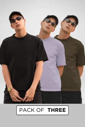 Pack Of 3 Oversized T-Shirts Black Olive Green and Lavender for Men