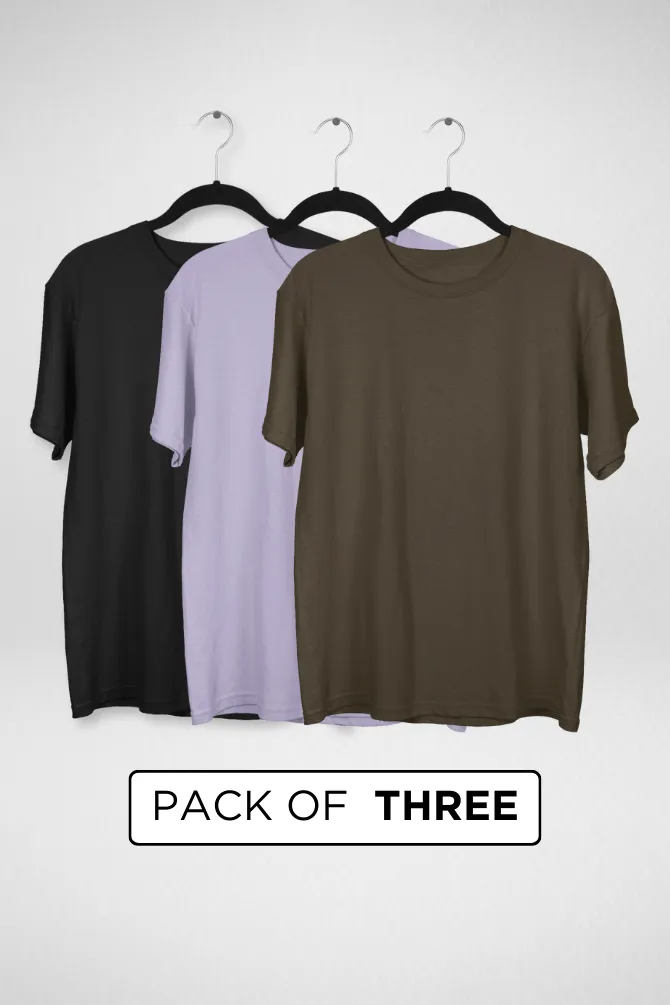 Pack Of 3 Oversized T-Shirts Black Olive Green and Lavender for Men