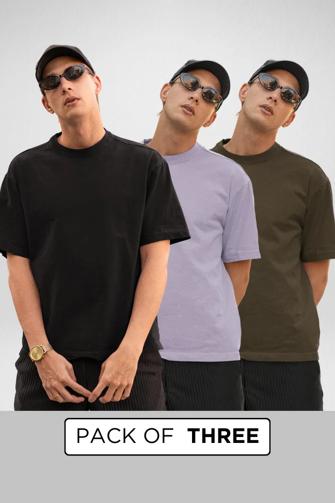 Pack Of 3 Oversized T-Shirts Black Olive Green and Lavender for Men